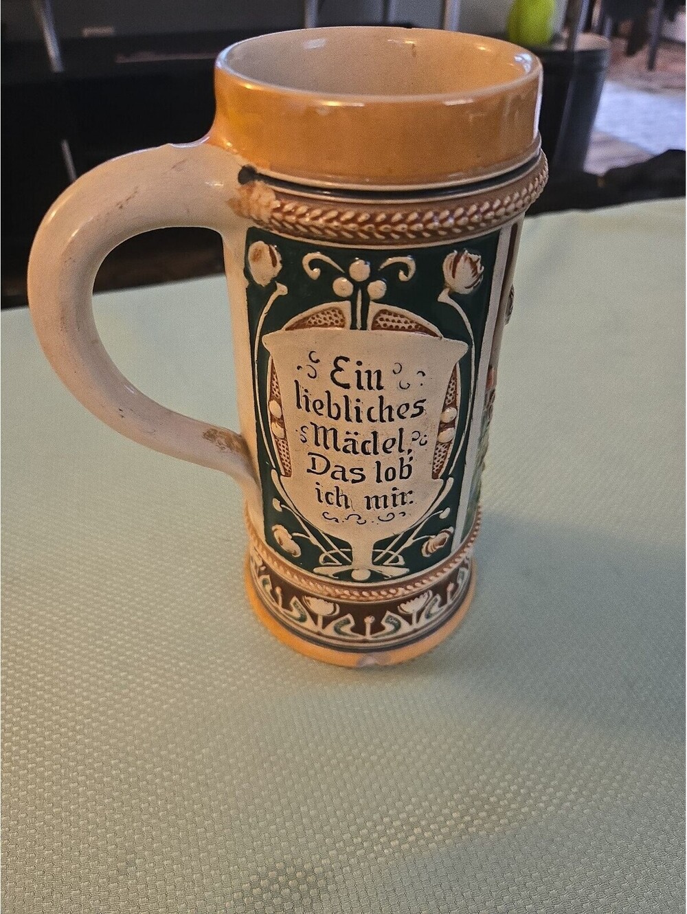 Vintage German Pottery Beer Stein - 'Ein liebliches Mädel' Scene